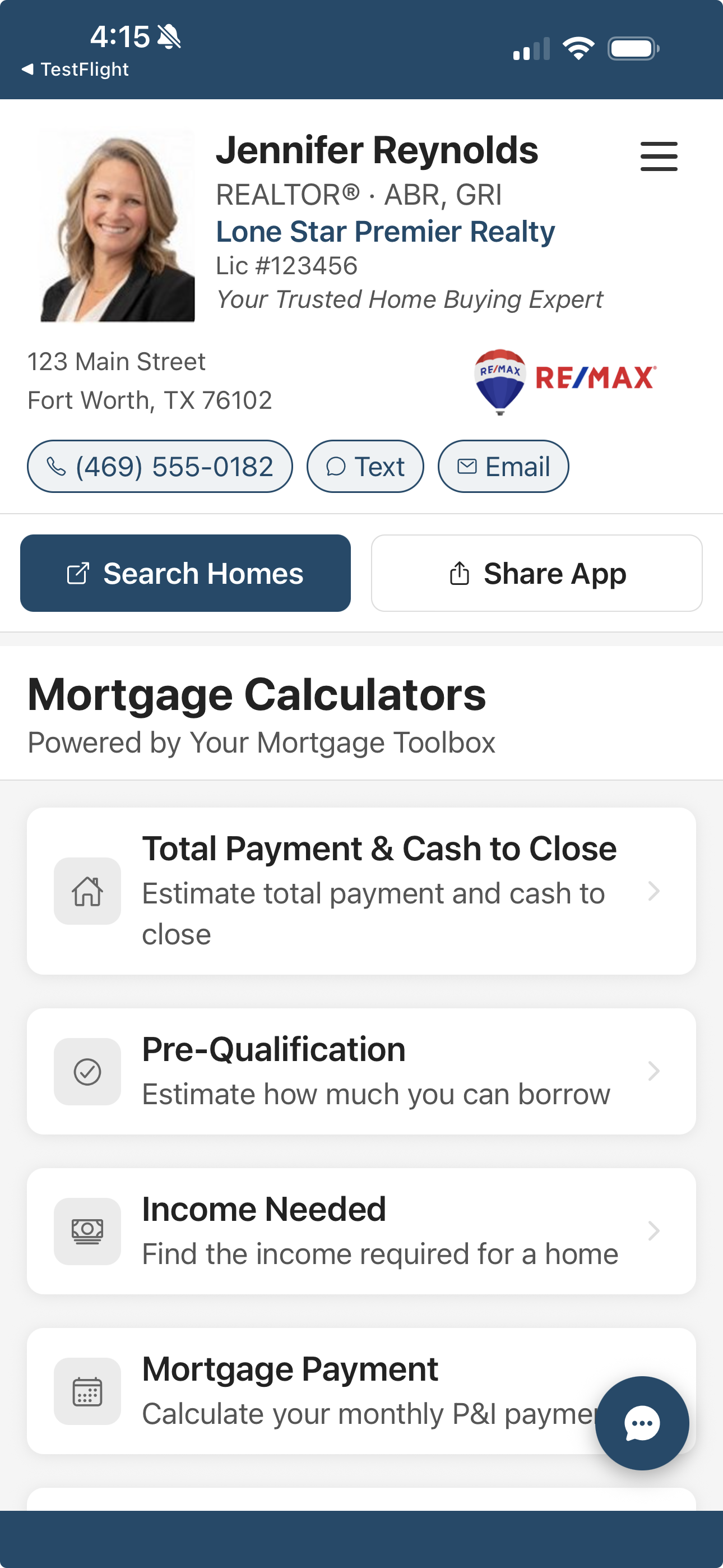Branded mortgage calculator app showing agent photo, name, Call and Share buttons