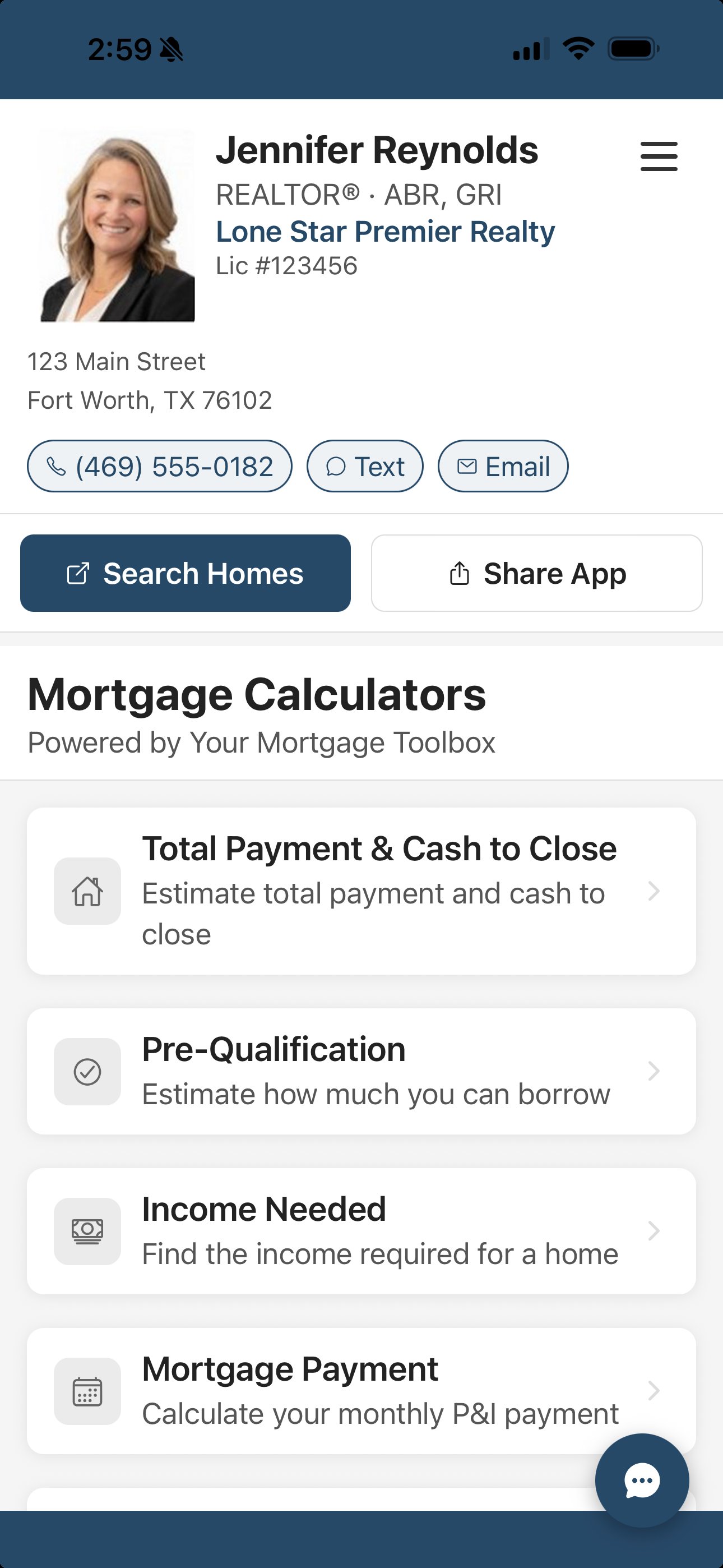 Branded mortgage calculator app showing agent photo, name, Call and Share buttons