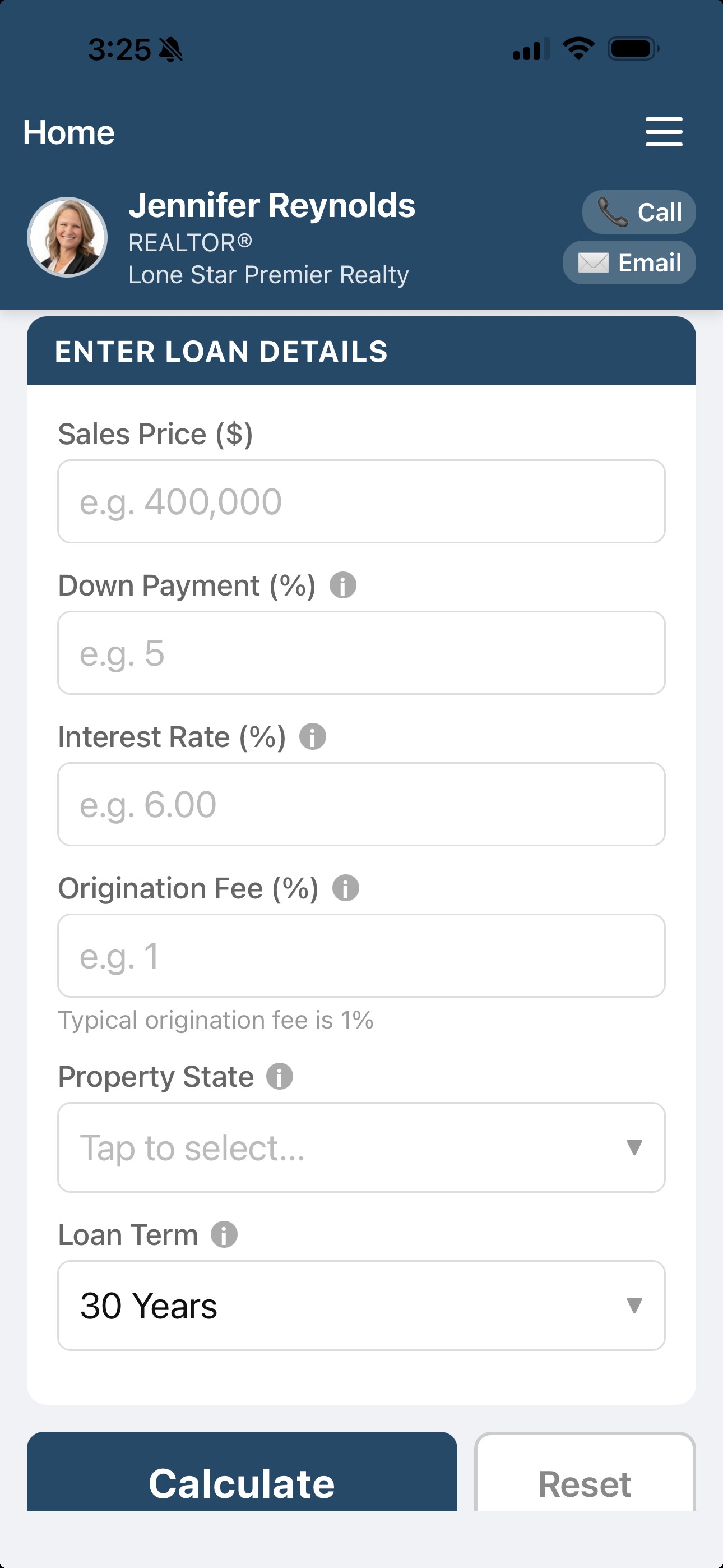 Branded calculator screen with agent name in header