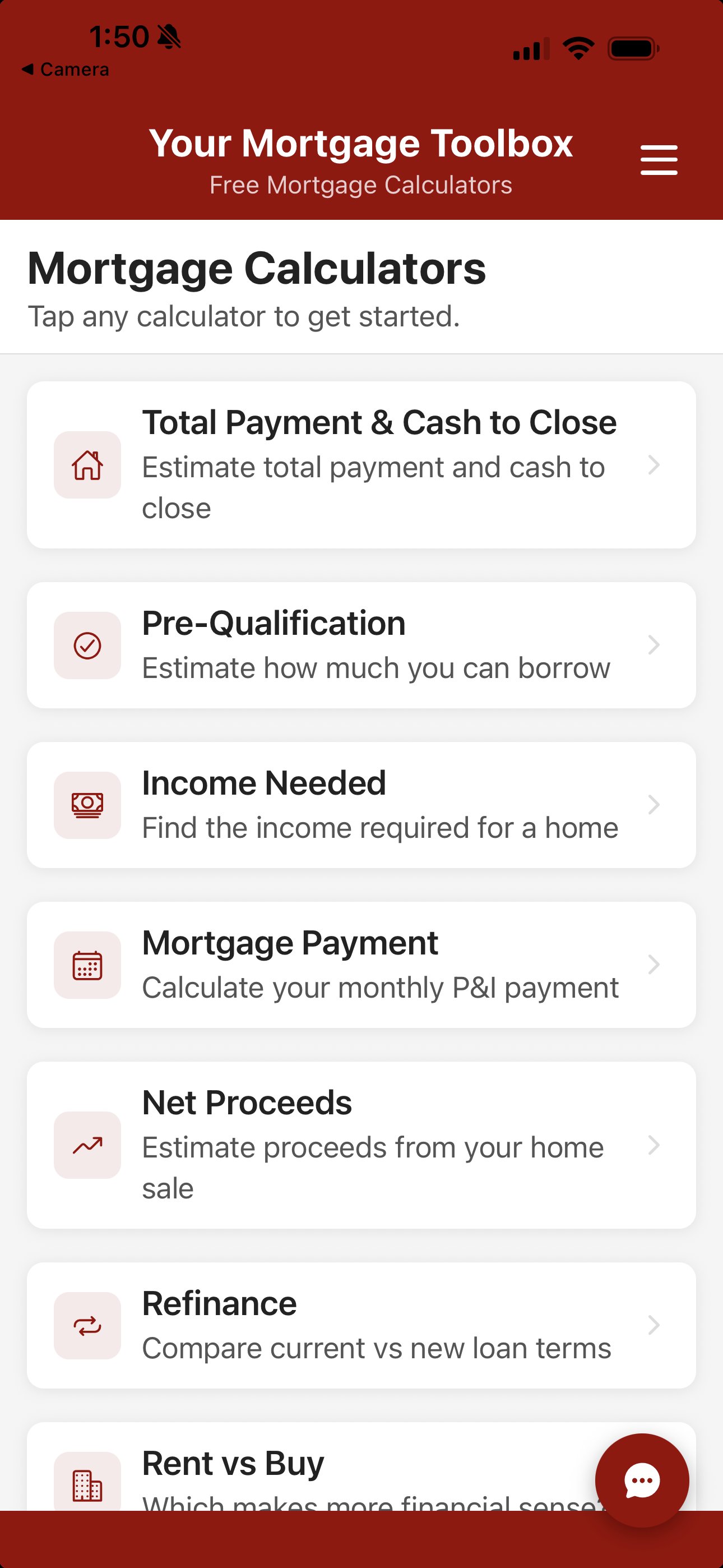 Standard Your Mortgage Toolbox app — unbranded red interface