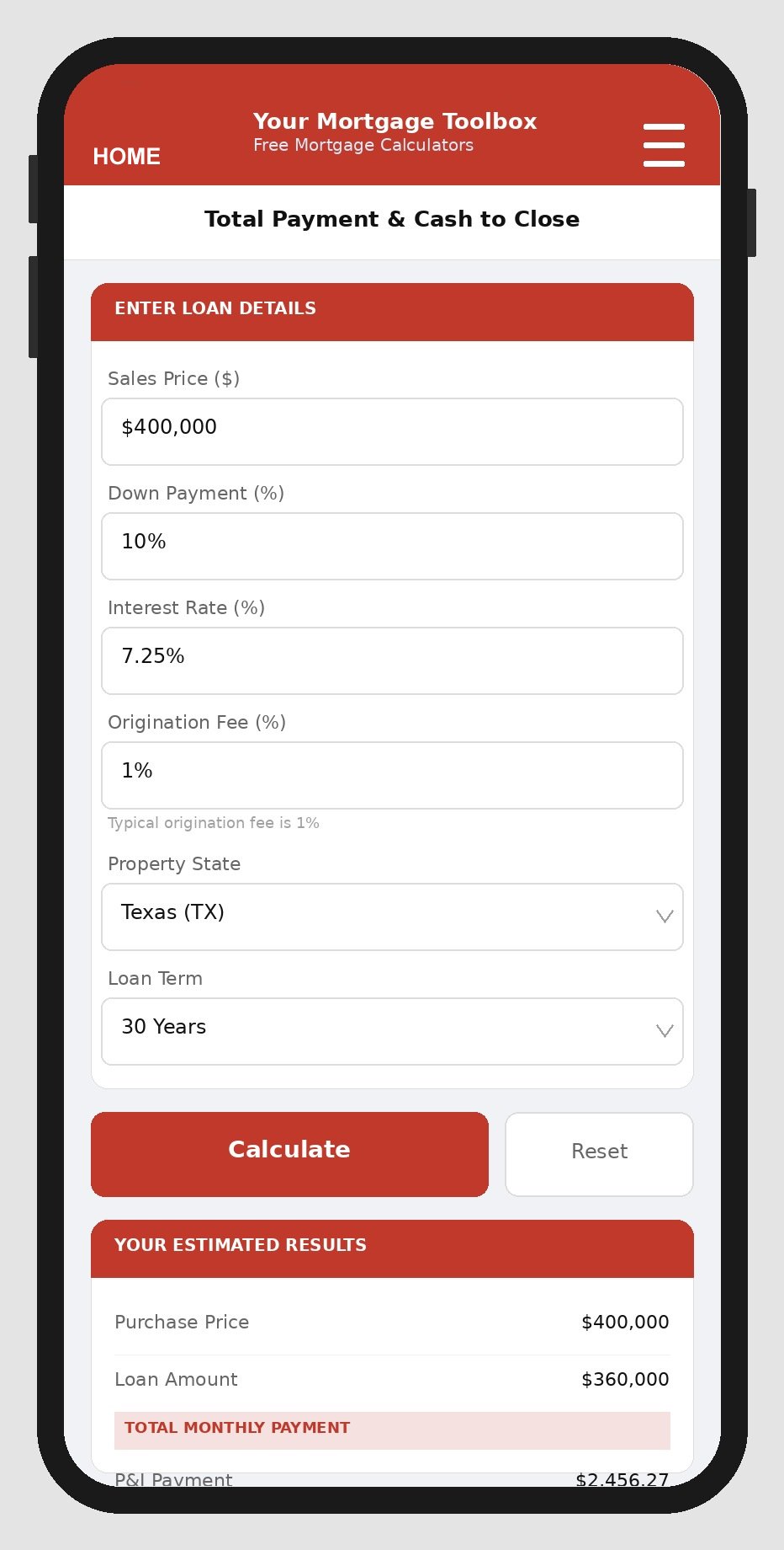 Mortgage payment calculator screen showing inputs and results