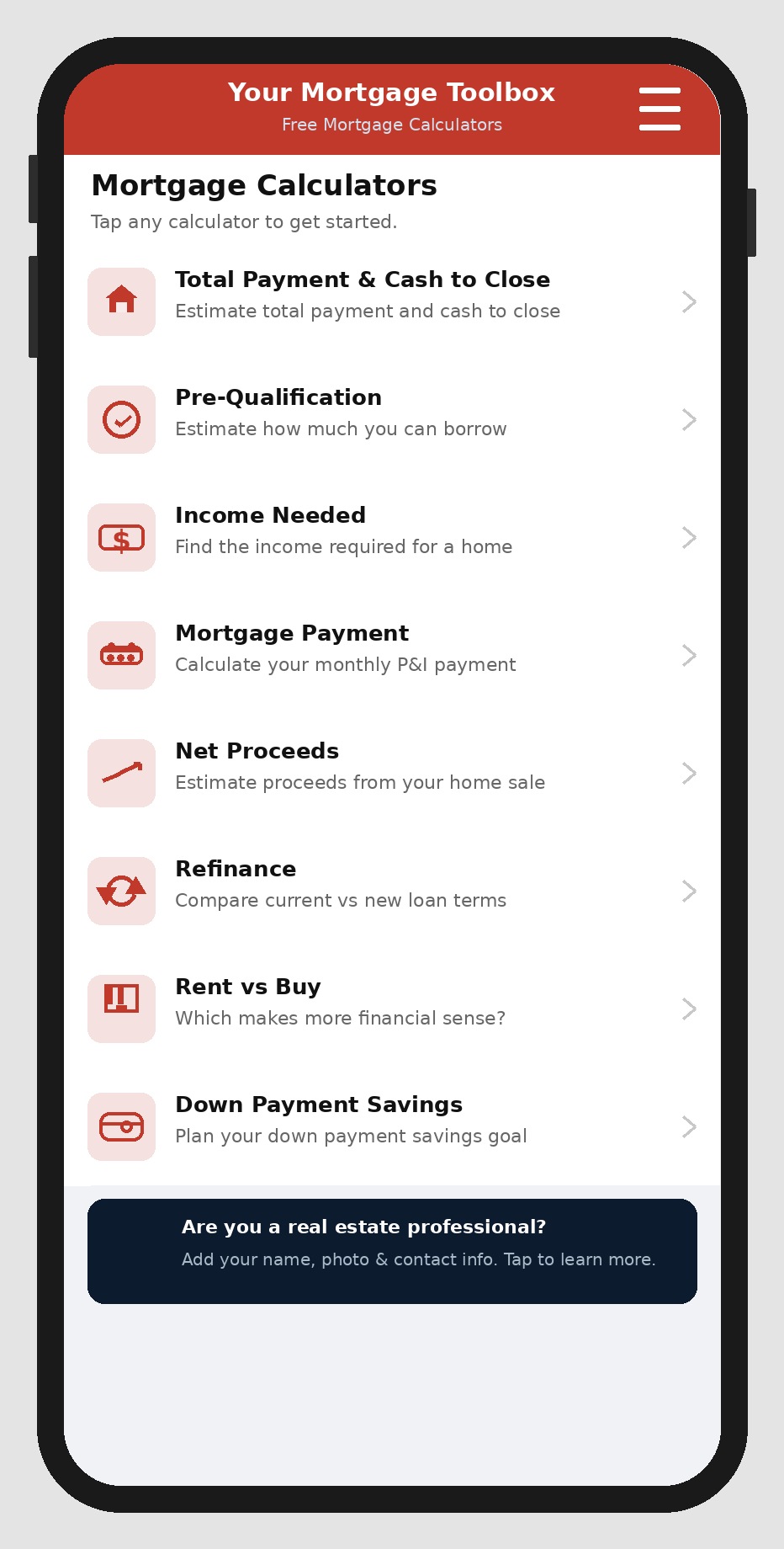 Your Mortgage Toolbox app home screen showing all 8 calculators