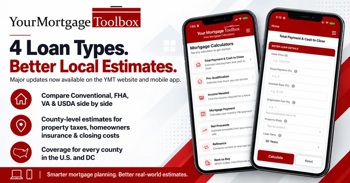 Graphic reading "4 Loan Types. Better Local Estimates." showing the Your Mortgage Toolbox mobile app with its mortgage calculator menu and the Total Payment and Cash to Close screen.