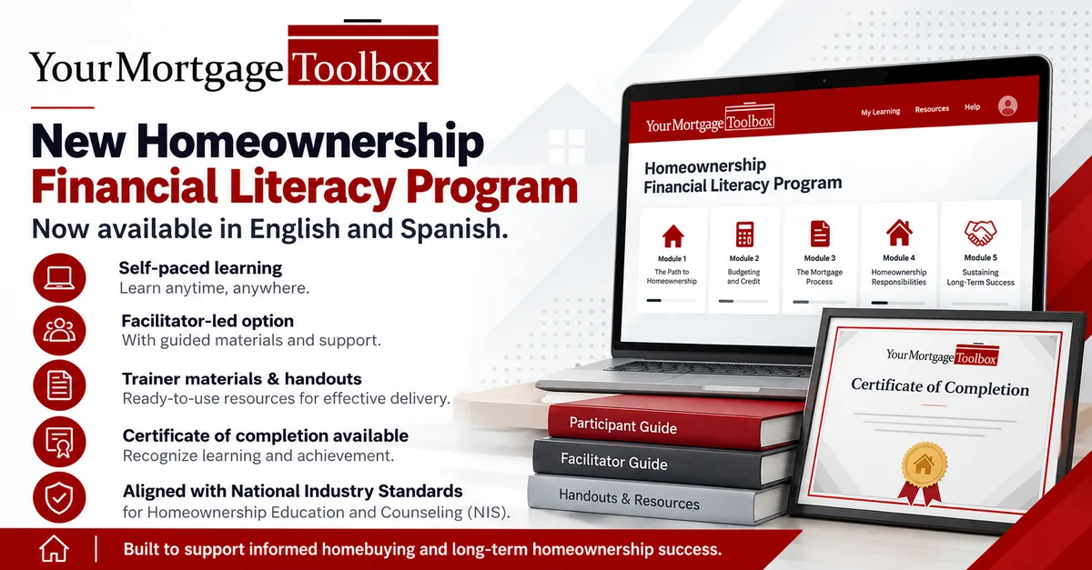 Graphic announcing the Homeownership Financial Literacy Program, available in English and Spanish, showing a laptop with program modules, facilitator and participant guides, and a certificate of completion.